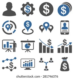 Banking business and charts icons. These flat bicolor symbols use modern corporate light blue and gray colors. Images are isolated on a white background.
