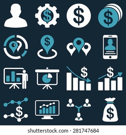 Banking business and charts icons. These flat bicolor symbols use modern corporate light blue and gray colors. Images are isolated on a white background.