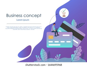 Banking business concept illustration of man sitting on credit cards and using computer for online banking and business. Flat businessmen with credit cards. Vector business background