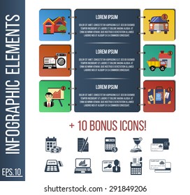 Banking, business, finance. Infographic brochure template in form of notebook or site banner with integrated icons for various types of bank loan services.  + 10 bonus icons!
