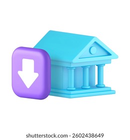 Banking business financial service currency exchange down 3d icon realistic vector illustration. Bankruptcy finance commercial economy funds price transaction bank building downward arrow