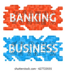 Banking Business Outline Flat Concept. Vector Illustration of Thin Line Finance Money Banner for Website and Web.