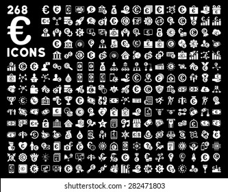 Banking business and service tools icons based on euro symbol. Style: flat, white symbols, rounded angles, black background.