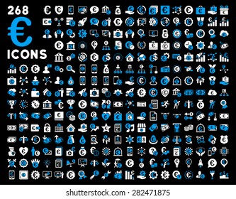 Banking business and service tools icons based on euro symbol. Style: bicolor flat, blue and white symbols, rounded angles, black background.