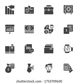 Banking business vector icons set, modern solid symbol collection, filled style pictogram pack. Signs, logo illustration. Set includes icons as deposit box, office id card, money bill, accounting