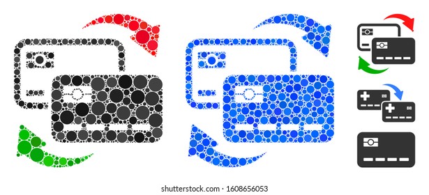 Banking card exchange mosaic of circle elements in variable sizes and color hues, based on banking card exchange icon. Vector dots are composed into blue mosaic.
