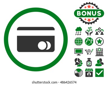 Banking Card icon with bonus pictogram. Vector illustration style is flat iconic bicolor symbols, green and gray colors, white background.