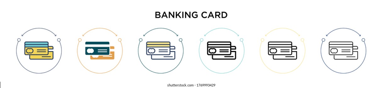 Banking card icon in filled, thin line, outline and stroke style. Vector illustration of two colored and black banking card vector icons designs can be used for mobile, ui, web