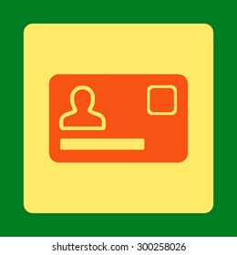 Banking Card icon. This flat rounded square button uses orange and yellow colors and isolated on a green background.