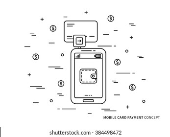 Banking card mobile payment vector linear (line) illustration. Smartphone card swiping payment technology creative concept. Secure card payment (wallet, transfer, customer, wireless) graphic design.