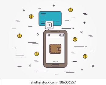 Banking card mobile payment vector linear illustration. Smartphone card swiping payment technology creative concept. Secure card reader for phone (wallet, transfer, customer, wireless) graphic design.