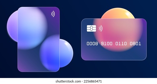 Banking card presentation slide in glassmorphism style. Digital payment screen with glass overlay effect on liquid gradient spheres. Vector illustration with text block. 