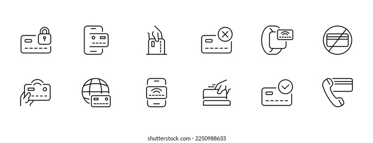 Banking card set icon. Payment failed, pin code, password, nfs, discount, cashback, protection, credit card, internet banking, terminal, ATM. Money transfer concept. Vector line icon for Business