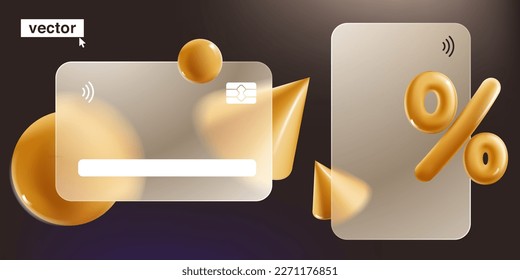 Banking card template with golden percent sign. Digital payment screen in glassmorphism style. Vector banner UI design. Christmas and New Year Sale, end of season super offer template.