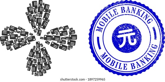 Banking card twirl abstract flower, and blue round MOBILE BANKING rubber stamp seal with icon inside. Element flower with 4 petals done from oriented banking card symbols.