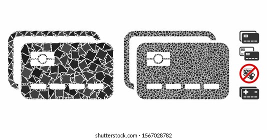 Banking cards composition of tuberous pieces in different sizes and color tones, based on banking cards icon. Vector humpy pieces are united into composition.