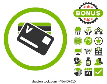 Banking Cards icon with bonus elements. Vector illustration style is flat iconic bicolor symbols, eco green and gray colors, white background.