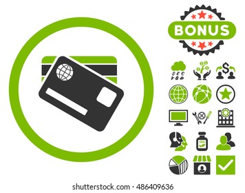 Banking Cards icon with bonus images. Vector illustration style is flat iconic bicolor symbols, eco green and gray colors, white background.
