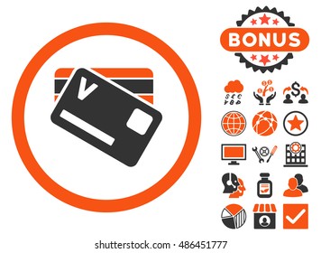 Banking Cards icon with bonus pictogram. Vector illustration style is flat iconic bicolor symbols, orange and gray colors, white background.