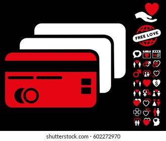 Banking Cards icon with bonus romantic design elements. Vector illustration style is flat iconic symbols on white background.