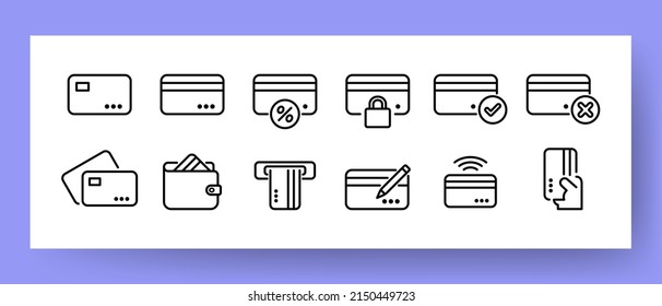 Banking cards set icon. Front and back card, successful and unsuccessful payment, blocked card, wallet card, ATM card, contactless payment and more. Vector line icon for Business and Advertising.