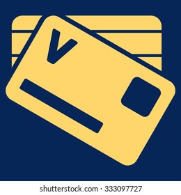 Banking Cards vector icon. Style is flat symbol, yellow color, rounded angles, blue background.