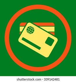 Banking Cards vector icon. Style is bicolor flat rounded symbol, orange and yellow colors, rounded angles, green background.