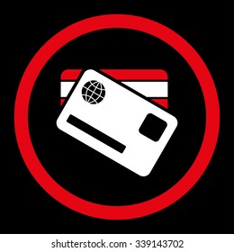 Banking Cards vector icon. Style is bicolor flat rounded symbol, red and white colors, rounded angles, black background.