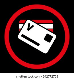 Banking Cards vector icon. Style is bicolor flat rounded symbol, red and white colors, rounded angles, black background.