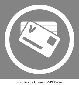 Banking Cards vector icon. Style is flat rounded symbol, white color, rounded angles, gray background.