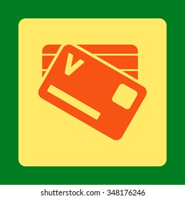 Banking Cards vector icon. Style is flat rounded square button, orange and yellow colors, green background.