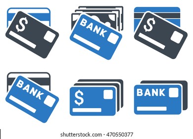 Banking Cards vector icons. Icon style is bicolor smooth blue flat symbols with rounded angles on a white background.