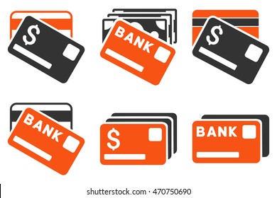 Banking Cards vector icons. Pictogram style is bicolor orange and gray flat icons with rounded angles on a white background.