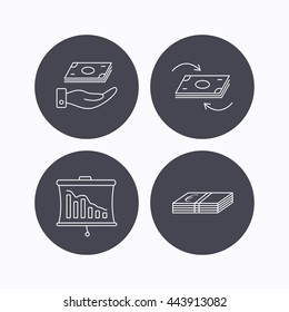 Banking, cash money and statistics icons. Money flow, save money linear sign. Flat icons in circle buttons on white background. Vector