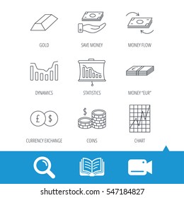 Banking, cash money and statistics icons. Money flow, gold bar and dollar usd linear signs. Dynamics chart, coins and savings icons. Video cam, book and magnifier search icons. Vector