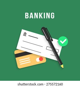 Banking With Charge Card And Bank Check. Concept Of Repay Debt, Ecommerce, Transaction, Economy, Budget, Savings. Isolated On Green Background. Flat Style Trendy Modern Design Vector Illustration