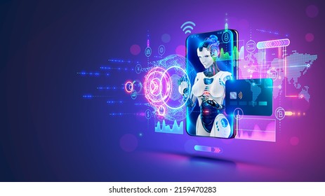 Banking chat bot with AI on screen phone. Artificial intelligence in fintech. Chatbot service of online bank. App with Financial Analytics on smartphone. Woman robot work in support of internet bank.