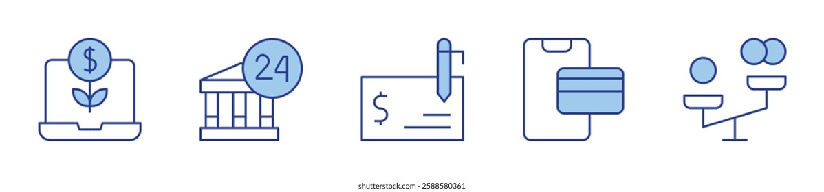 banking, check, credit card, economic disparities, return of investment. Banking Icon vector illustration. Line Duotone style. Editable stroke.