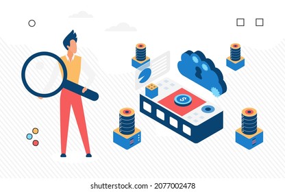 Banking cloud services, blockchain finance monitoring. Information about money transactions, online payments , isometric vector design isolated