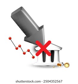 Banking collapse 3D halftone design. bank run, financial crisis. bankruptcy problem, stock market crash, credit risk, failure, investment failure concept. Bank building, falling graph and down arrow