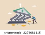 Banking collapse or bank run, financial crisis or bankruptcy problem, stock market crash or credit risk, failure or investment failure concept, frustrated businessman look at collapsing bank building.