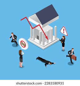 Bankenkollaps oder Bank-Run isometrischer 3D-Vektorgrafik-Konzept-Banner, Website, Landing-Page, Anzeigen, Flyer-Vorlage