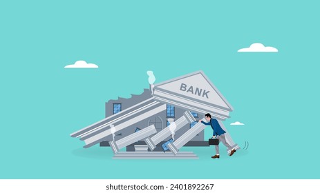 banking collapse concept illustration, financial crisis, ruined bank concept, bankruptcy, frustrated businessman look at collapsing bank building concept modern vector illustration in flat style