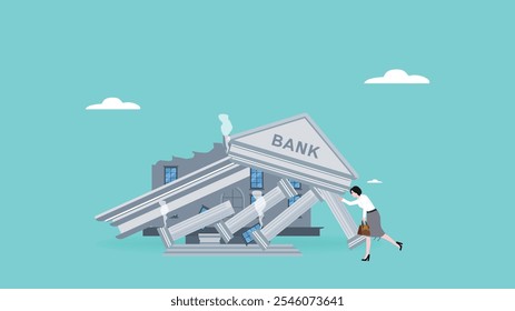 Ilustración de concepto de colapso bancario, crisis financiera, concepto de banco en ruinas, bancarrota, empresaria frustrada mira el concepto de edificio bancario en colapso Ilustración vectorial moderna en estilo plano