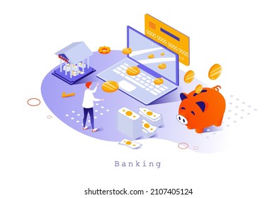Banking concept in 3d isometric design. Customer using digital wallet and personal financial account, making transactions and paying, web template with people scene. Vector illustration for webpage
