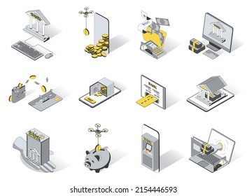 Concepto bancario 3d iconos isométricos establecidos. Incluye elementos de aplicación bancaria, pago de impuestos, depósito, transferencia de dinero, análisis financiero, auditoría y otros. Ilustración vectorial en diseño isométrico moderno