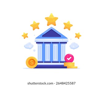banking concept. financial institutions and management. best and safest place to store money. finance and economy. illustration of bank building symbol with 5 stars and coins. flat style design. asset