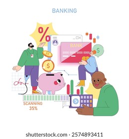 Banking concept. Financial management involving saving, digital transactions, interest calculation, and money security. Features credit cards, data graphs, and online banking processes. Vector