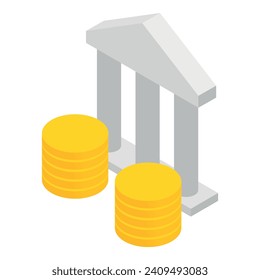 Banking concept icon isometric vector. White building pillar and gold coin stack. Banking, finance