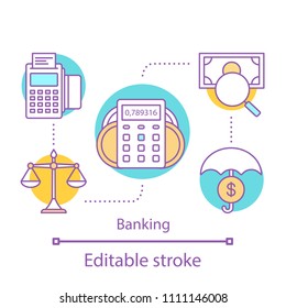 Banking concept icon. Saving money idea thin line illustration. Safe investment. Percent calculator. Vector isolated outline drawing. Editable stroke